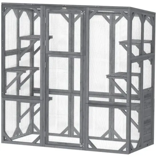 Resenkos Cat Cage, Cat Crate Kennel Enclosure Playpen,Large Wooden Catio Outdoor with 6 Jumping Platforms, Weatherproof Roof,Gray image {4}