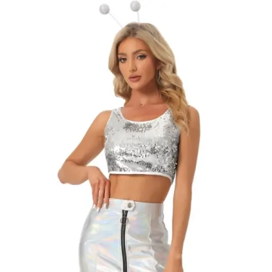 Allegra K Women's Metallic Sequin Sparkle Sleeveless Party Crop Tank Top image {7}