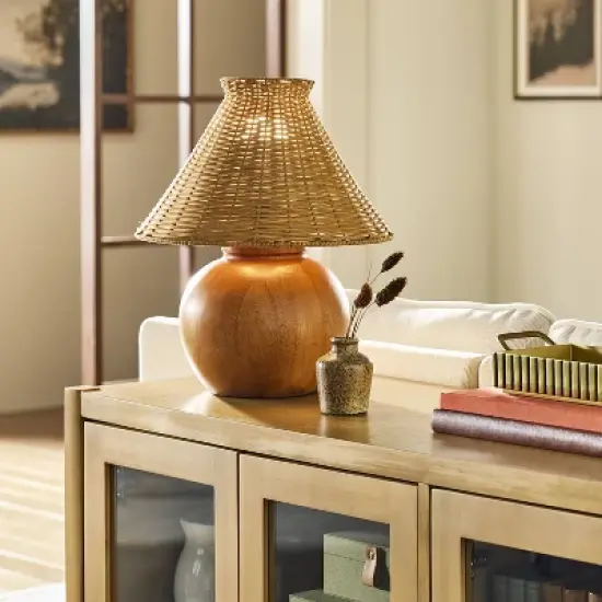 Wood Base with Rattan Shade Accent Table Lamp - Hearth & Hand&trade; with Magnolia image {1}