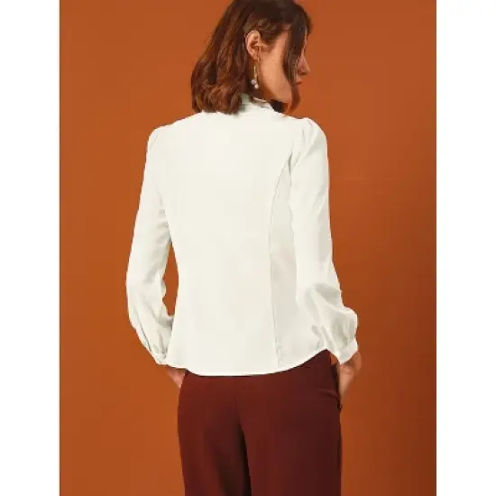 Allegra K Women's Peter Pan Collar Chiffon Bow Tie Neck Puff Sleeve Button Up Shirt image {4}