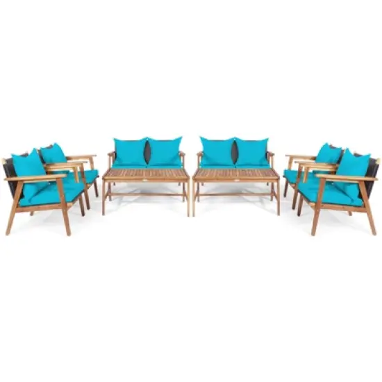 Tangkula 8PCS Patio Rattan Furniture Set Wood Frame Cushioned Sofa with Coffee Table Sectional Conversation Sofa Set for Garden Turquoise/Navy/Brown/Red image {8}