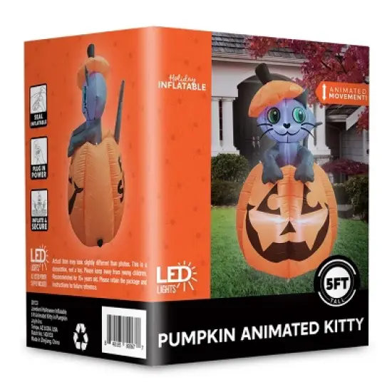 Joyfy 5 FT Tall Halloween Inflatable Outdoor Decorations, Animated Kitty Cat On Pumpkin Inflatable for Halloween Party Indoor Outdoor Yard Lawn Decor image {8}