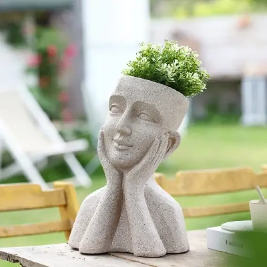 LuxenHome Speckled Beige MgO Happy Bust Head Planter image {1}