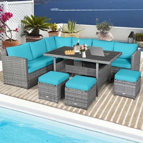 Tangkula 7PCS Rattan Patio Sectional Sofa Set Conversation Set w/ Turquoise Cushions image {3}