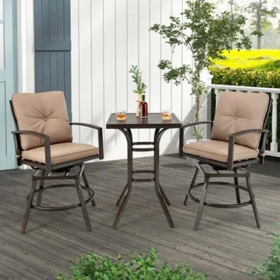 Costway Patio 3pcs Swivel Bar Height Bistro Set Cushioned Table Stools Furniture Outdoor image {1}