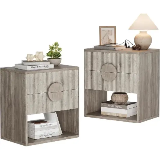 Mid Century Modern Nightstand, Fluted Night Stand with Charging Station, 2 Drawers & Open Shelf, 22.6" Wide Wood Bedside Table, Sofa End Table image {8}