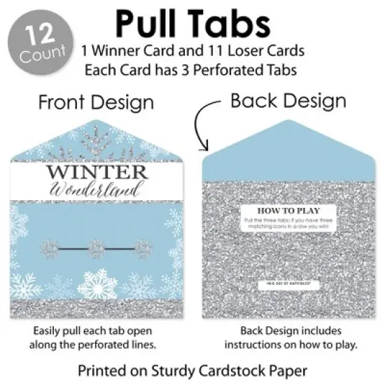 Big Dot of Happiness Winter Wonderland - Snowflake Holiday Party and Winter Wedding Game Pickle Cards - Pull Tabs 3-in-a-Row - Set of 12 image {3}