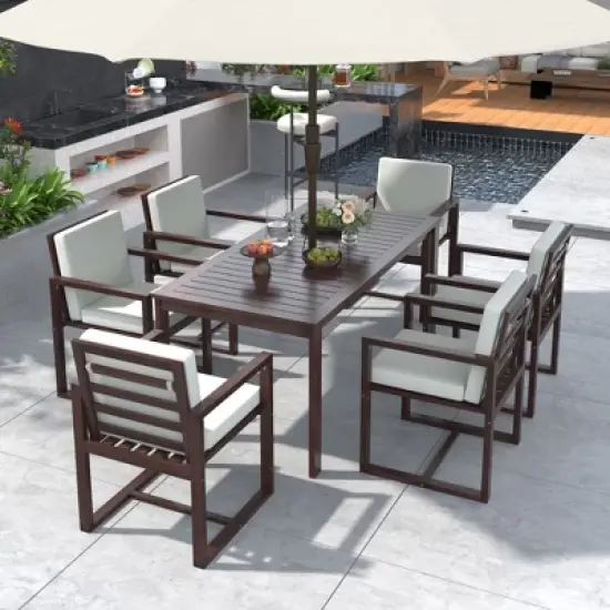 FIONECA Patio Dining Set with Table & Chairs, Removable Cushions, Dark Brown Outdoor Furniture for Backyard, Garden & Patio image {1}