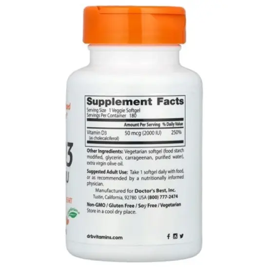 Doctor's Best Vitamin D3, 50 mcg (2,000 IU), 180 Veggie Softgels image {1}