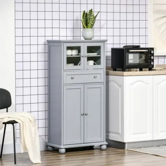 HOMCOM 52" Traditional Kitchen Pantry, Floor Storage Cabinet, Small Cupboard Organizer with Adjustable Shelves and 4-Doors for Living Room, gray image {1}