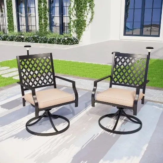 5pc Outdoor Dining Set with Stackable Swivel Chairs with Cushions & Round Metal Table with Umbrella Hole - Black - Captiva Hole image {6}