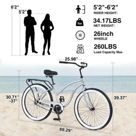 INFURNIC Bicycles Single Speed Beach Cruiser Bike with Steel Frame and Coaster Brake for Men Commuter Riding, Silver Grey, 69.29"*25.98"*39.37" image {1}