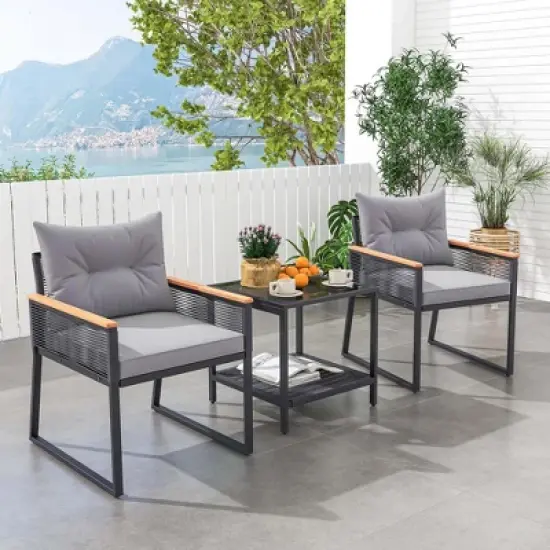 Costway 3 PCS Outdoor Conversation Set with 2-Layer Side Table Acacia Wood Armrests image {9}