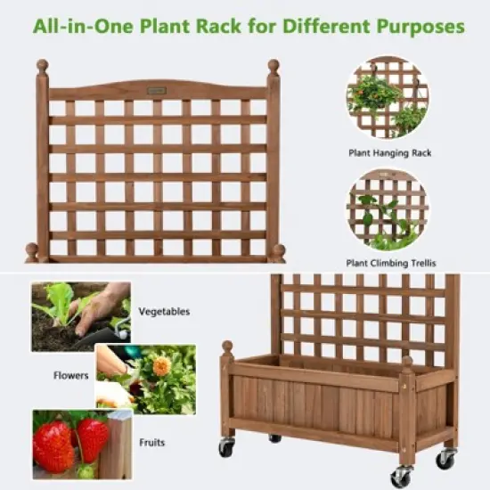 Tangkula 32in Wood Planter Box with Trellis and Wheels Mobile Plant Raised Bed for Indoor&Outdoor image {3}
