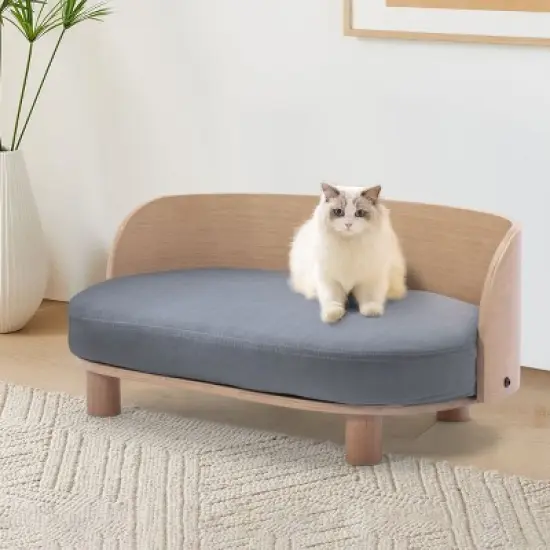Corgi 26" Wide Small Dog Bed with Removable Cover,Velvet Cushion With Solid Wood legs and Bent Wood Back-The Pop Maison image {1}