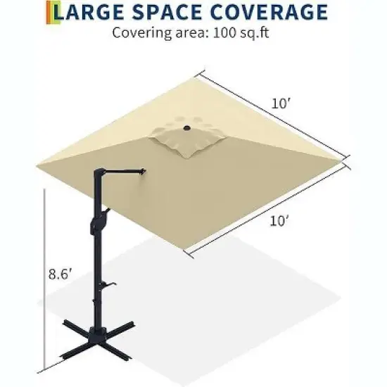 10FT Square Cantilever Patio Umbrella, 360&deg; Rotating Sun Shade with Locking Handle, Heavy-Duty Aluminum Frame for Deck & Balcony image {1}