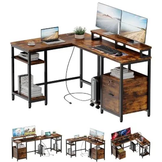 ODK 67" L-Shaped Office Desk with File Drawer, Gaming Desk with Mobile CPU Stand, Computer Desk Featuring Monitor Shelf and Printer Storage Shelves image {2}