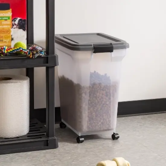 IRIS USA Dog Food Storage Container 40 lbs, Attachable Wheels, & Included Scoop, for Dog Cat Birds and other Pets, Dark Gray image {8}