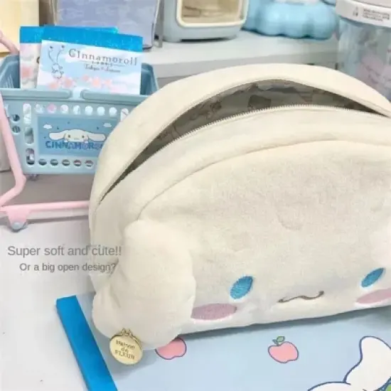 Paaaawaters Super Soft Cute Plush Cinnamoroll Pencil Case with Embroidery and Big Open Design, Cream-colored image {1}
