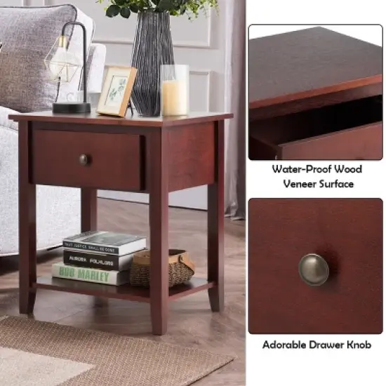 Costway Set of 2 Nightstand Beside Table Sofa End Table Drawer Shelf image {5}