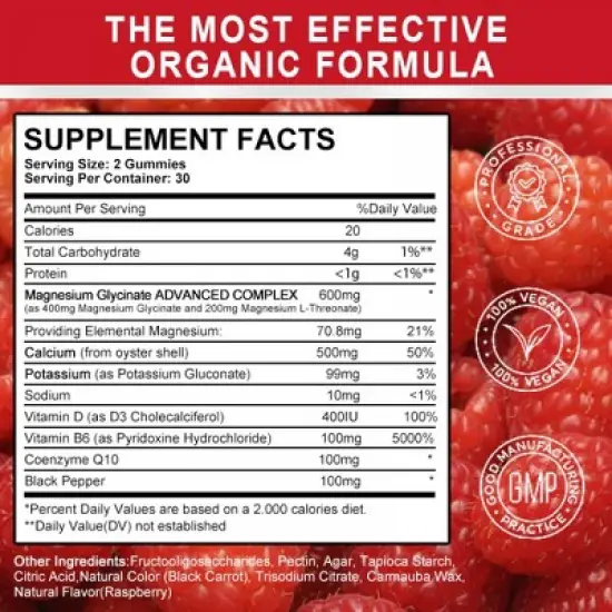 GPGP GreenPeople Magnesium Glycinate Gummies 400mg - with Calcium, Potassium, Vitamin D for Immune Health - 60 Ct (Raspberry) image {1}