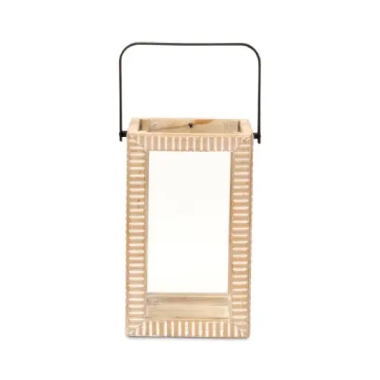 HomeRoots 13" Natural Distressed Geometric Solid Wood Tabletop Lantern Candle Holder image {3}