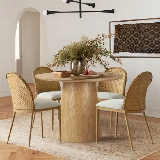 Rattan Dining Room Chair, Linen Dining Chair with Double Layer Rattan Back, Cane Dining Chair with Metal Legs - Maison Boucle image {9}