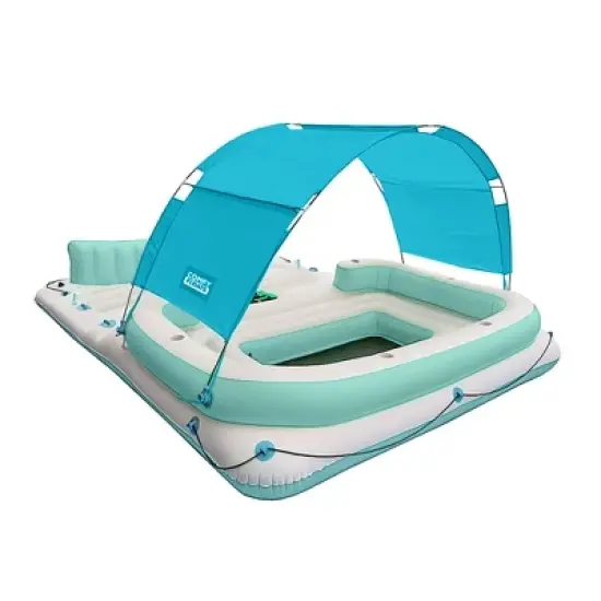 Comfy Floats 91464VM 13 Foot Misting Party Platform Inflatable Summer Float for Pool, Lake, River Fits 6 People, White/Aqua Blue image {1}