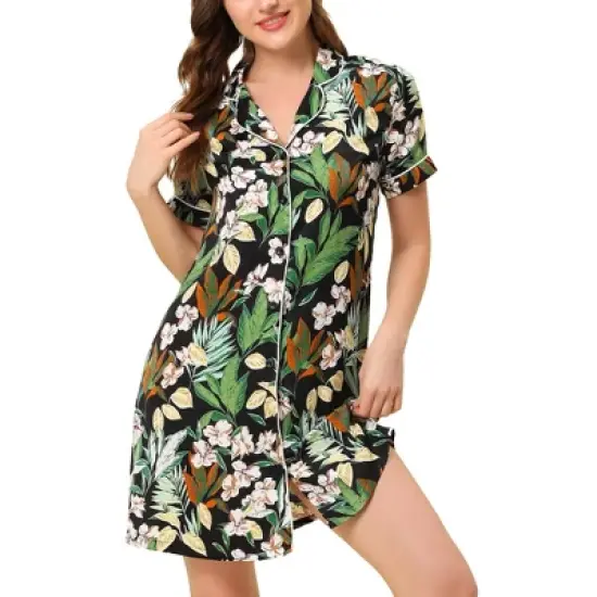 cheibear Womens Nightgown Pajama Satin Sleepshirt Button Down Floral Lounge Shirt Dress image {5}