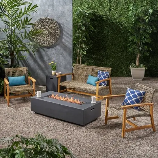 Augusta 5pc Wood & Wicker Chat Set with Fire Pit - Natural/Gray/Dark Gray - Christopher Knight Home image {1}