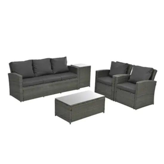 GlasFlength 5PCS Patio Seating Rattan Furniture Set Sectional Sofa Cushioned Garden, Tempered Glass Table, Black, 62.6"*21.65"*10.24" image {3}