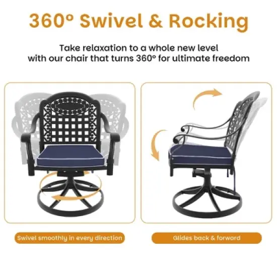 5-Piece Outdoor Dining Set, Cast Aluminum Rectangle Table with Swivel Chairs, Blue Cushions, Umbrella Hole image {9}