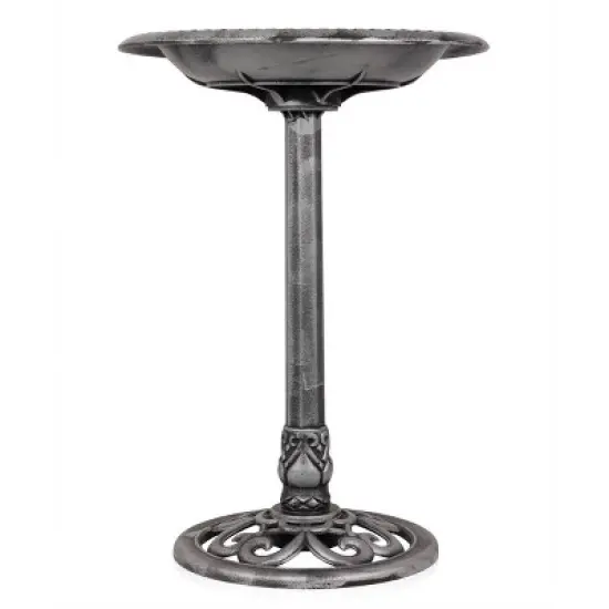 Alpine Corporation 28" Polyresin Pedestal Bird Bath With Scrollwork Base & Ground Stakes Gray image {1}