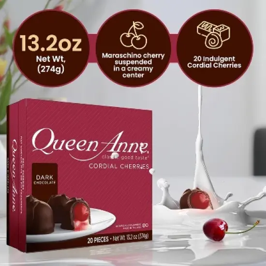 Queen Anne Dark Chocolate Covered Cordial Cherries | 13.2 oz | 20 Piece Gift Box | Whole Cherry Sweet Creamy Fruity | Holiday Candy image {1}