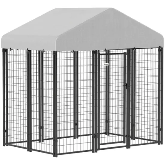 PawHut Outdoor Dog Kennel with Roof, Welded Wire Dog Playpen Enclosure with Escape-proof Lock, UV-Resistant & Waterproof Cover, 5.9' x 4' x 6', Silver image {6}