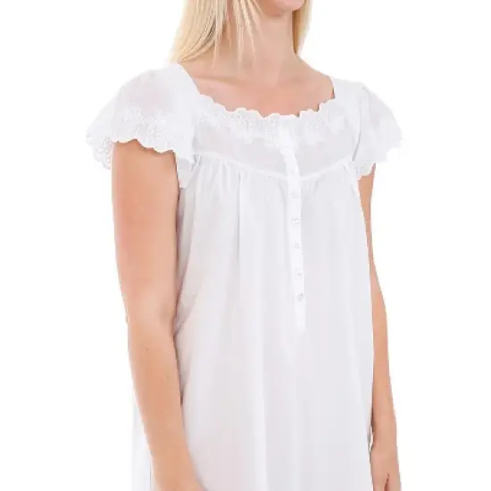 Women's Cotton Victorian Nightgown, Katelyn Short Sleeve Lace Trimmed Button Up Long Vintage Night Dress Gown image {1}
