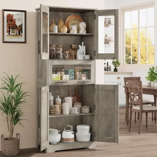 Nasitip 67''Tall Storage Cabinet,Pantry Cabinet with Glass Double Door, Freestanding Cupboard with Drawer for Bathroom/Living Room image {6}