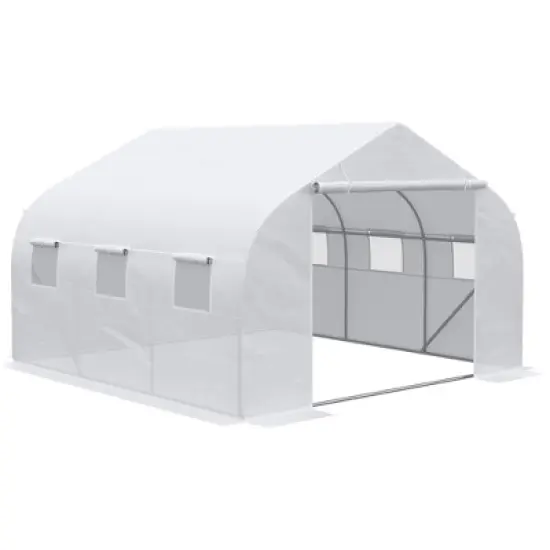 Outsunny 12' x 10' x 7' Walk-in Outdoor Tunnel Greenhouse, PE Cover, Steel Frame, Roll-Up Zipper Door & 6 Windows for Tropical Plants, White image {4}