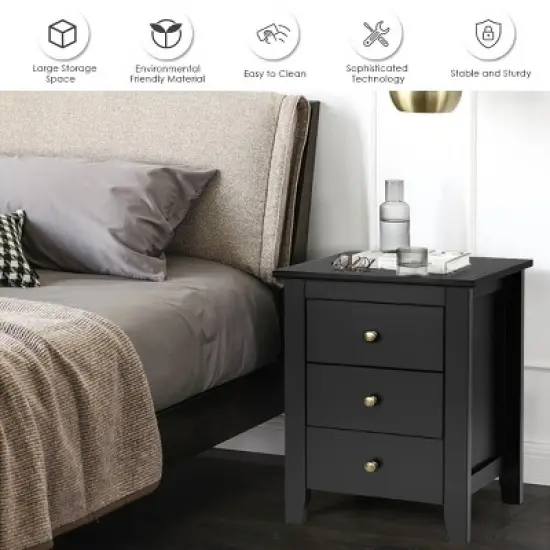 Costway Nightstand End Beside Sofa Table Cabinet w/ 3 Drawers Bedroom Furniture Black image {7}