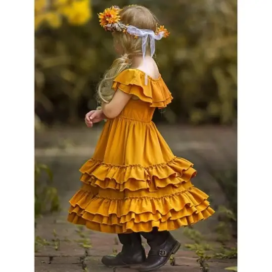 Girls Marigold Sunset Tiered Ruffle Midi Dress - Mia Belle Girls image {5}