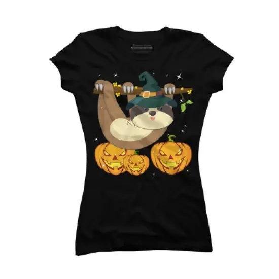 Junior's Design By Humans Funny Witch Sloth With Jack O Lantern Halloween T-Shirt By thebeardstudio T-Shirt image {3}