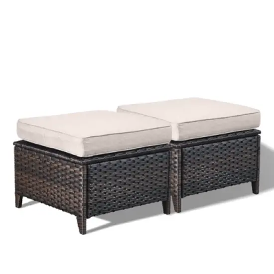 Buenhomino Patio Wicker Ottomans Set of 2, Multipurpose Outdoor Ottomans for Patio, Additional Seating, Footrest, Side Table, Removable Cushions image {1}