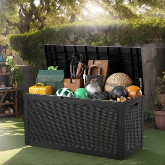 100 Gallon Rattan Deck Box, Lockable Waterproof Ourdoor Storage Container for Pool Accessories, Patio and Garden Tools image {1}