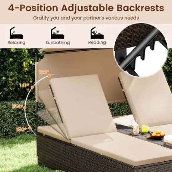 Costway Outdoor Daybed with Adjustable Backrests 2-Person PE Rattan Patio Bed with Canopy image {5}