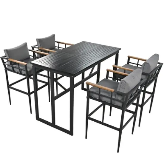 Steel Outdoor Dinner Set with Acacia Wood Handrails for Patio, Balcony or Backyard,Black - ModernLuxe image {5}
