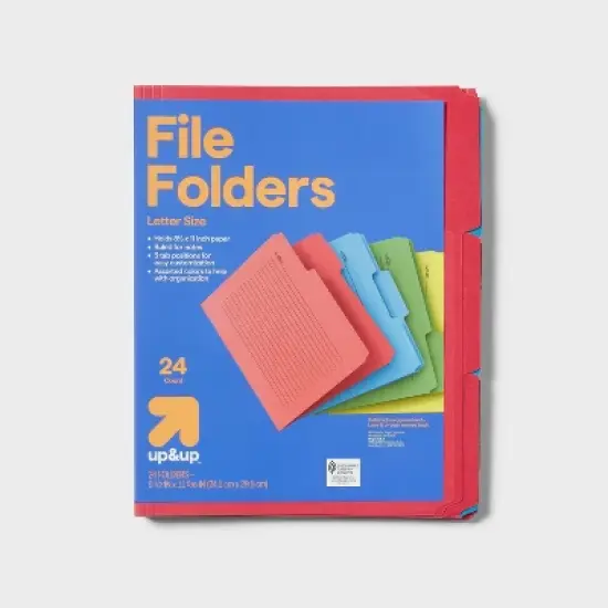 24ct Letter Size File Folders Primary Colors - up&up&trade;: Cardstock, Top Tab, Multicolor, 9.5"x11.625", 1 Pocket image {3}