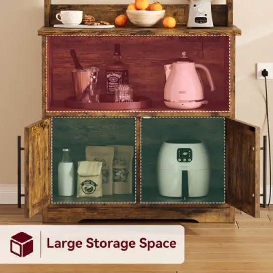 Microwave Stand Bakers Rack Cabinet, Farmhouse Wooden Storage Cabinet with Power Outlet with Thickened Counter image {2}