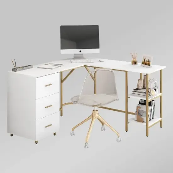 L Shape Home Office Two-Tone Desk with Storage - Techni Mobili image {1}