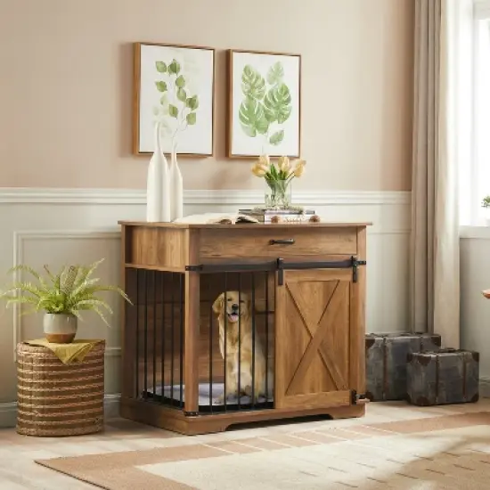 Large Dog Crate Furniture with Barn Door & Storage Drawer, Fits Dogs up to 100 lbs image {8}