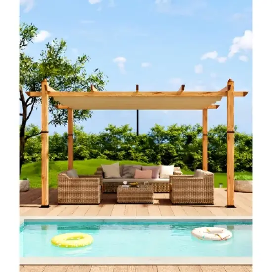 10x13 Ft Outdoor Aluminum Pergola, Heavy-Duty Woodgrain Patio Pergola with Retractable Canopy Sun Shade Cover, UV-Resistant Metal Gazebo image {7}